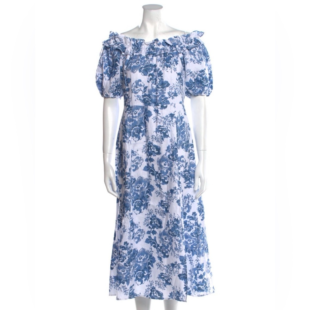 Reformation Blue Floral Off-Shoulder Midi Dress